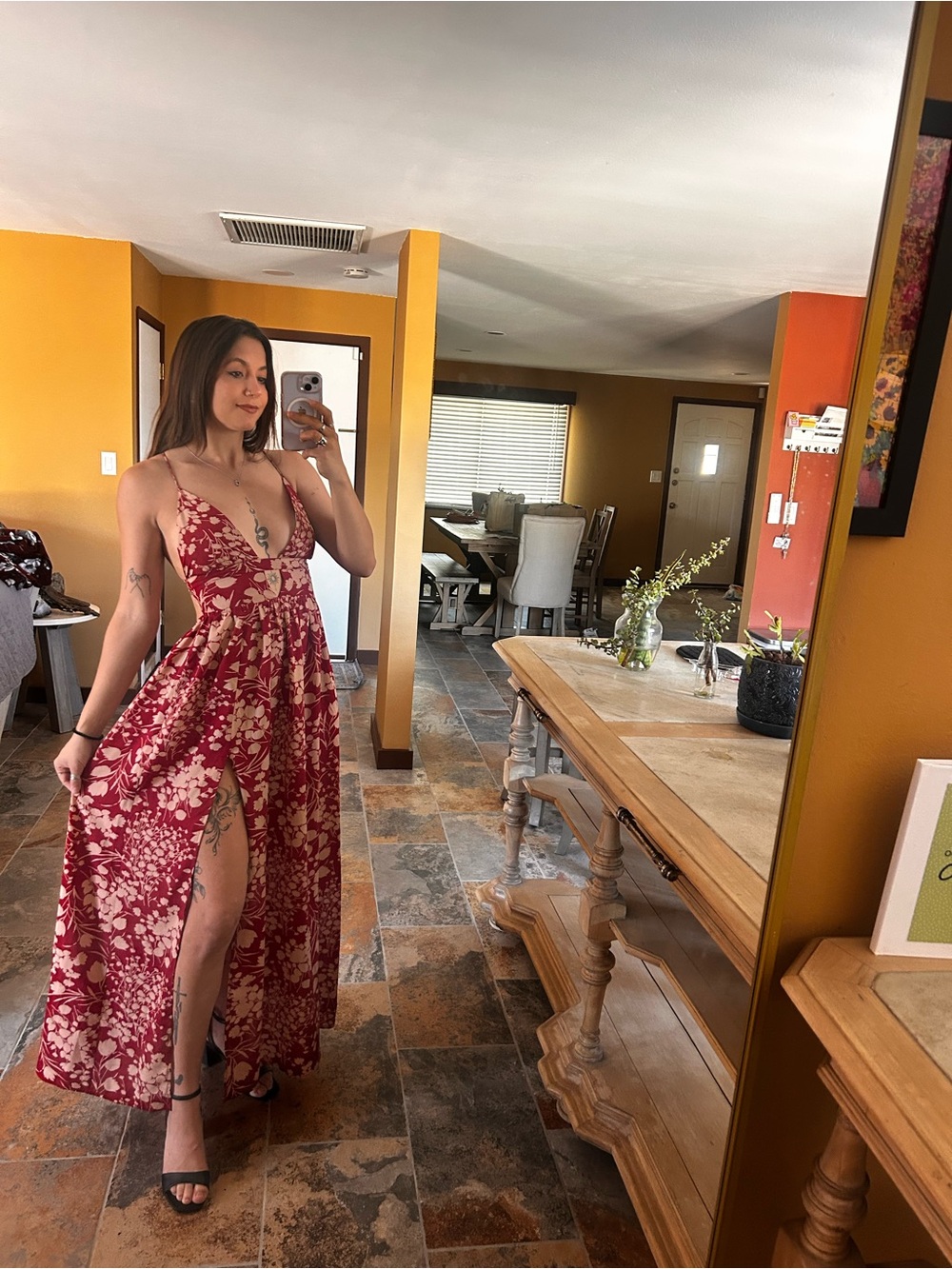 Fortunate One Small Red Floral Maxi Dress Open Back High Slit Boho Size Small